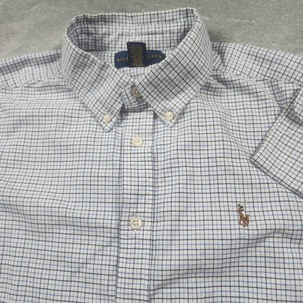 Ralph Lauren Shirt Boy Large 14-16 Blue Check Long Sleeve Button Down Flesh Pony